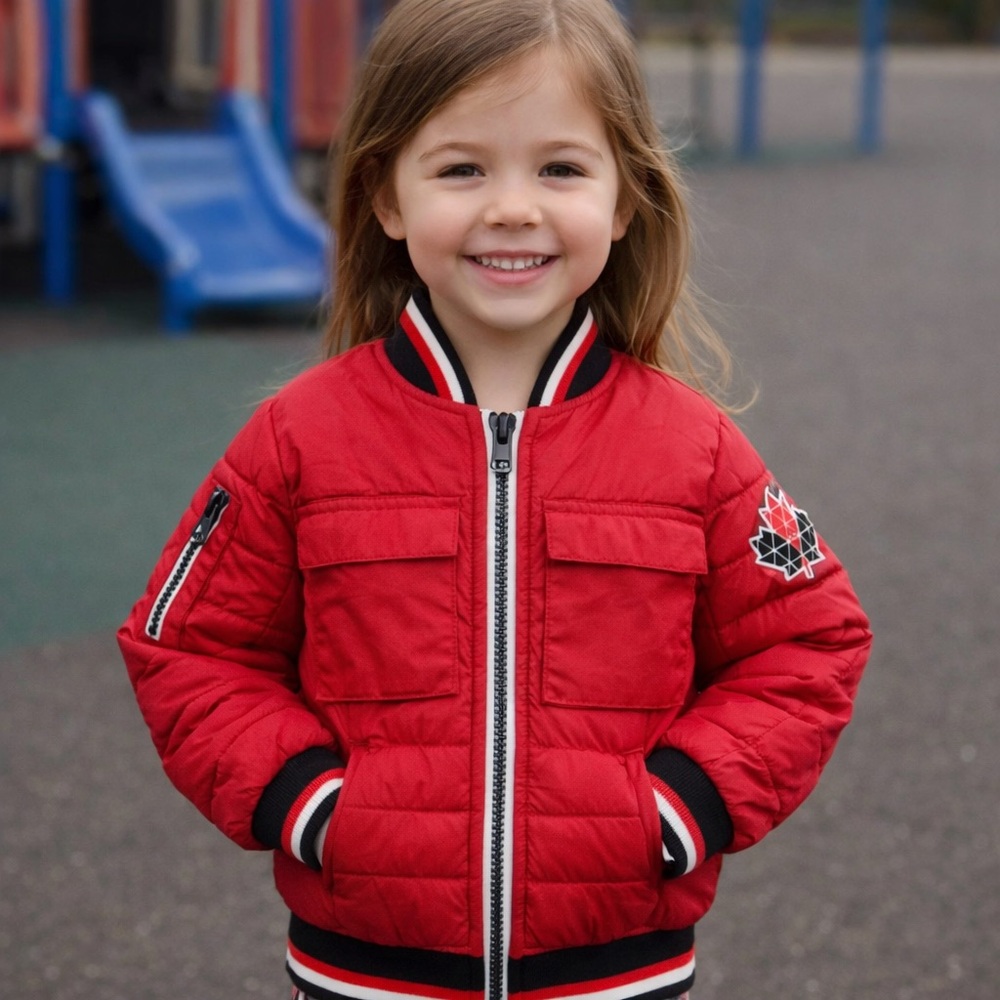 Moose Knuckles Kids Red Puffer Jacket with Maple Leaf Emblem